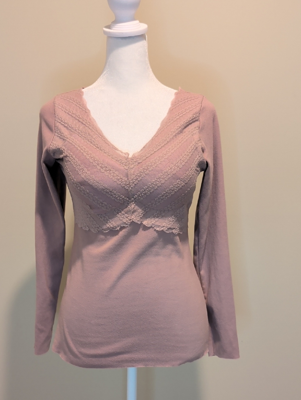 Dusty Pink Lace-Trim V-Neck  Bodice  Long Sleeve Thermal Top - Picture 2 of 8